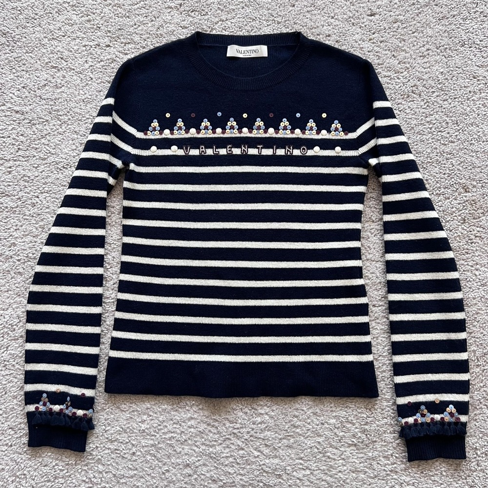 Valentino Striped Sequin Embroidered Wool Sweater Navy White Womens Size S